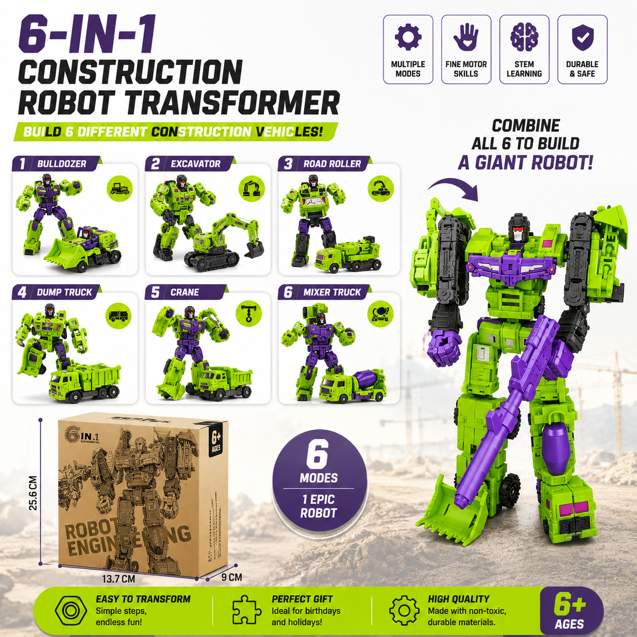 6-in-1 Transforming Construction Robot Set