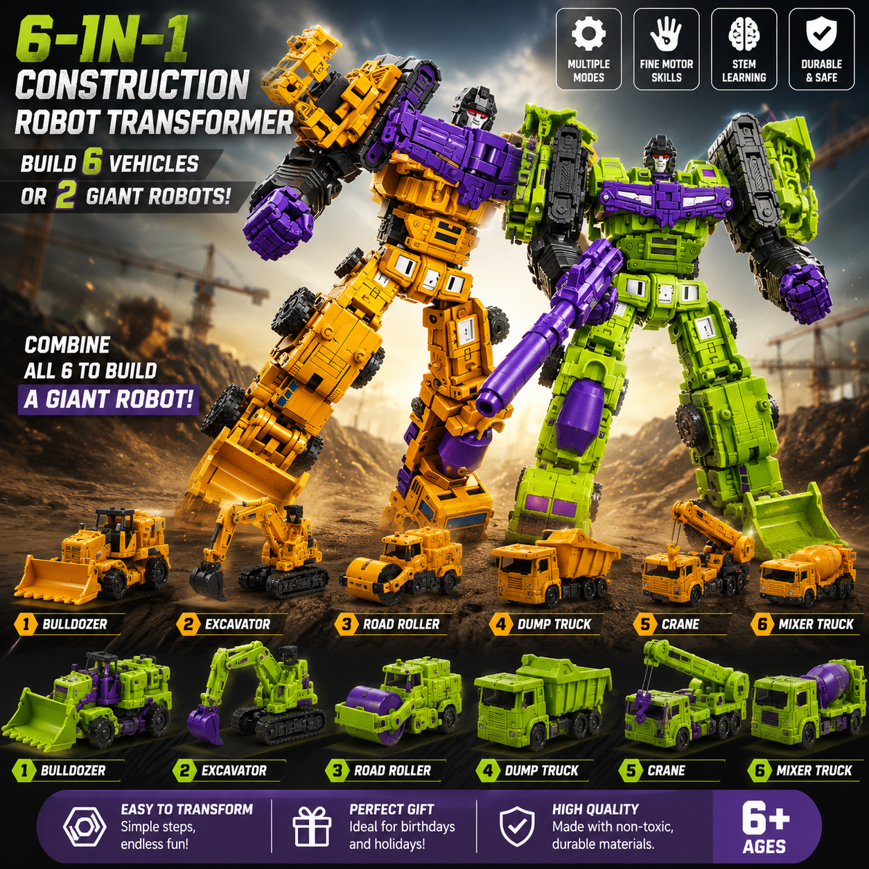 6-in-1 Transforming Construction Robot Set